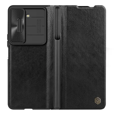 NILLKIN Qin Pro Series pour Samsung Galaxy Z Fold5 5G Étui en cuir PU Étui de protection pour appareil photo Couvercle du téléphone avec fente pour stylet - Noir