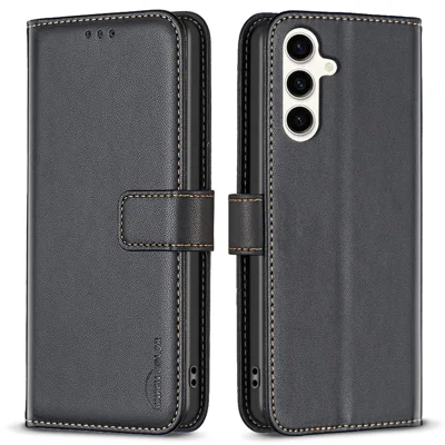 BINFEN COLOR BF17 For Samsung Galaxy S23 FE Phone Cover Drop-proof PU Leather Stand Wallet Case - Black