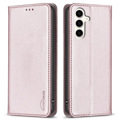BINFEN COLOR BF18 Для Samsung Galaxy S23 FE Автопоглощающая магнитная кожаная обложка с держателем для карт Чехол для телефона - Розовое золото