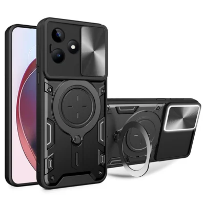 Étui de protection pour Realme C53 (Global) / C53 (Inde) / C51 avec cache-caméra coulissant, support pivotant, coque arrière PC+TPU - Noir
