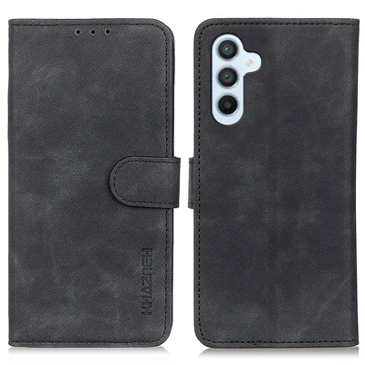 KHAZNEH For Samsung Galaxy S23 FE Phone Shell Vintage Texture PU Leather Phone Case Anti-Scratch Flip Stand Wallet Shell - Black