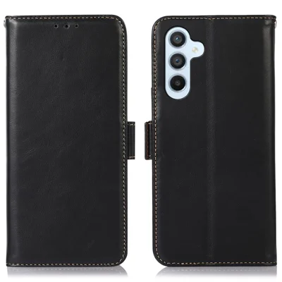 For Samsung Galaxy S23 FE RFID Blocking Crazy Horse Texture Genuine Cow Leather Wallet Stand Cover Phone Case - Black