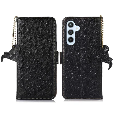 RFID Blocking Shell for Samsung Galaxy S23 FE Genuine Cowhide Leather Phone Cover Wallet Stand Case - Black