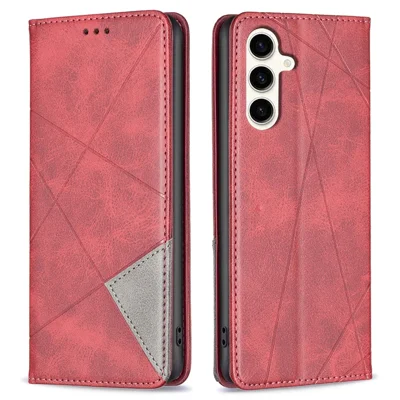 For Samsung Galaxy S23 FE Imprinted Line Cell Phone Case Card Holder Leather Stand Cover - Red