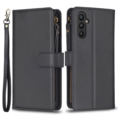 BF Style-19 For Samsung Galaxy A25 5G (Global) (161.0 x 76.5 x 8.3mm) Wallet Stand Flip Cover Zipper Pocket PU Leather Phone Case - Black