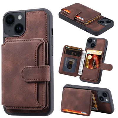 For iPhone 15 Anti-drop Leather Coated TPU Phone Case RFID Blocking Wallet Cover with Kickstand - Coffee