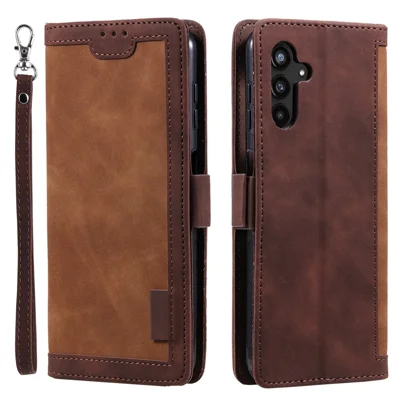 For Samsung Galaxy S23 FE Stand Wallet Flip Cover PU Leather Retro Case Color Splicing Shell with Wrist Strap - Brown