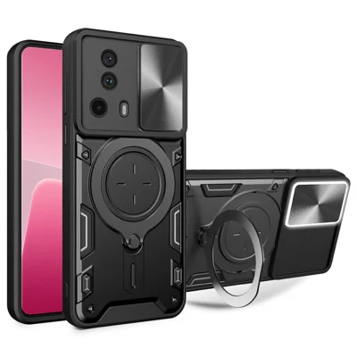 For Xiaomi 13 Lite / Civi 2 5G PC+TPU Shockproof Cover with Slide Camera Lid Ring Kickstand Phone Case - Black