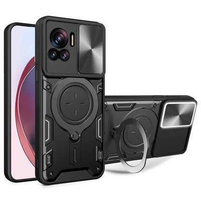 PC+TPU Cover for Motorola Edge 30 Ultra 5G / Moto X30 Pro 5G Slide Camera Lid Ring Kickstand Phone Back Protector Case - Black