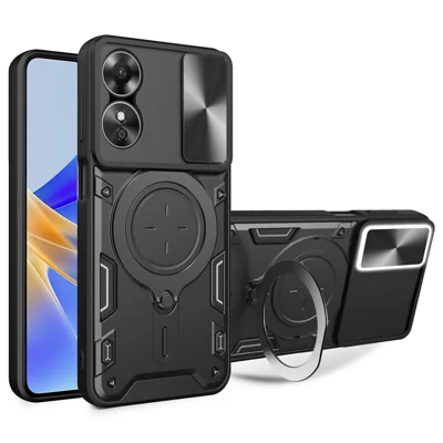 Drop-proof Cover for Oppo A17 4G / A17k 4G Slide Camera Lid PC+TPU Phone Case with Ring Kickstand - Black