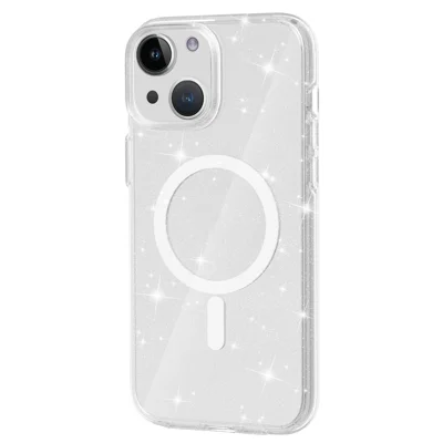Glitter-magnetisk hylster til iPhone 15, kompatibel med MagSafe, hårdt PC + blødt TPU telefonhylster - Hvid