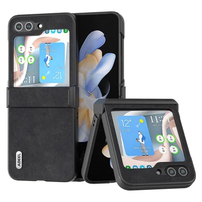 ABEEL Textured Phone Case for Samsung Galaxy Z Flip5 5G , PU Leather Coated PC Cover with Hinge Protection - Black