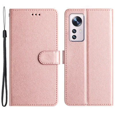 Чехол-кошелек для Xiaomi 12 Lite 5G с подставкой, шёлковой текстурой и ремешком на запястье - Розовое золото