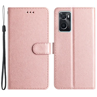 Stand Shell for Oppo A76 / A36 / A96 4G Silk Texture Wallet Phone Case Leather Cover with Wrist Strap - Rose Gold