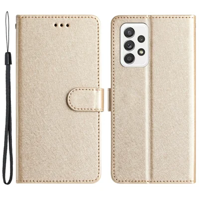 Voor Samsung Galaxy A53 5G Zijdeachtige Textuur Horizontale Stand Lederen Cover Portemonnee Hoes - Goud