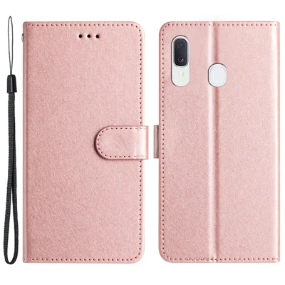 Samsung Galaxy A40 plånboksframsida med ställfunktion, skyddskapa i silkestruktur av PU-läder med handledsrem - Rosenfärgat guld