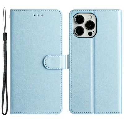 Phone Stand Cover for iPhone 13 Pro Max 6.7 inch PU Leather Silk Texture Wallet Case with Wrist Strap - Sky Blue