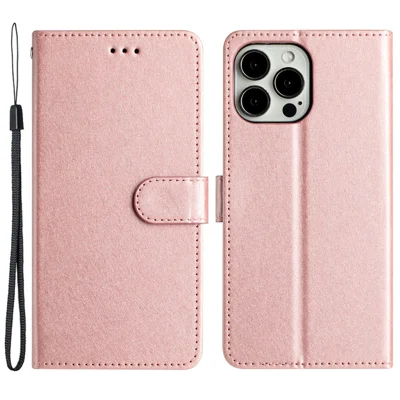 Telefonståndshölse för iPhone 12 Pro Max 6,7 tum PU-läder Silkstruktur Plånbok Bokstil med handledsband - Roséguld