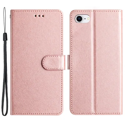 For iPhone 6 / 6s / 7 / 8 / SE (2020) / SE (2022) Phone Stand PU Leather Cover Silk Texture Wallet Case with Wrist Strap - Rose Gold