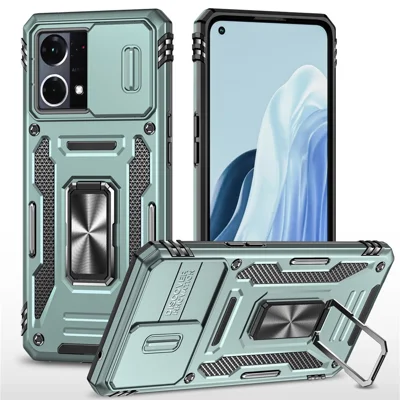 For Oppo Reno7 4G Armor Series Drop-proof PC+TPU Cover Kickstand Phone Case with Slide Lens Lid - Green
