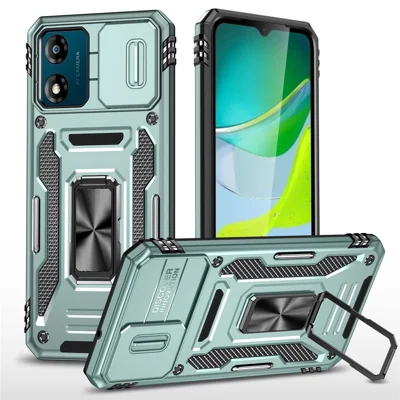 Armor Series For Motorola Moto E13 4G Slide Lens Shield Anti-drop Cover Metal Kickstand PC+TPU Phone Case - Green