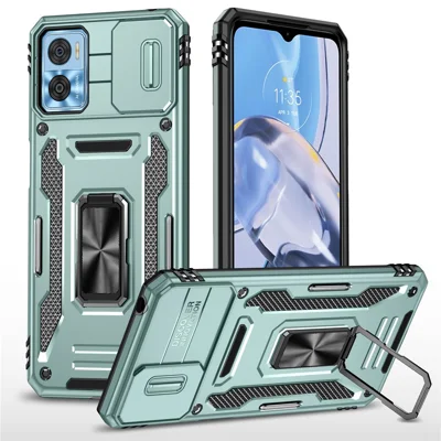 For Motorola Moto E22 4G Armor Series PC+TPU Cover Slide Lens Lid Phone Case with Kickstand - Green