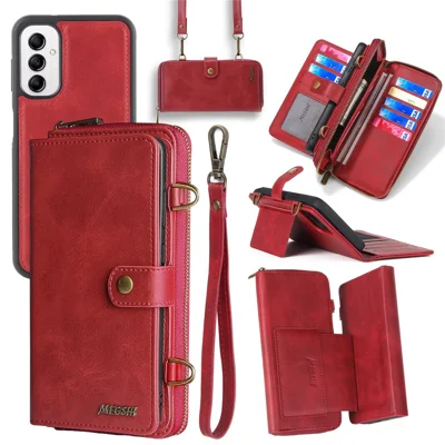 MEGSHI 020 Series for Samsung Galaxy A14 4G / 5G Leather Phone Case Detachable 2-in-1 Wallet Stand Cover - Red