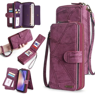 MEGSHI 004 Series For Samsung Galaxy A14 4G / 5G Zipper Wallet Case Detachable PU Leather Stand Phone Cover - Wine Red