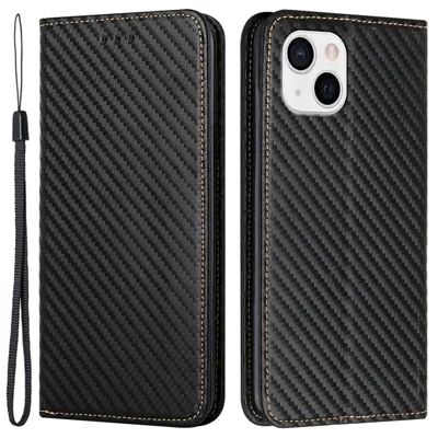 Til iPhone 15 Carbonfiber-struktur PU-læder+TPU Wallet-case med betragtningsstøtte Telefonbeskytning - Sort