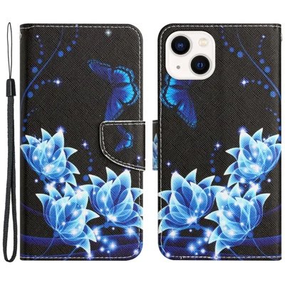 For iPhone 15 Pattern Printing Flip Wallet Case PU Leather Stand Phone Cover with Strap - Blue Butterfly