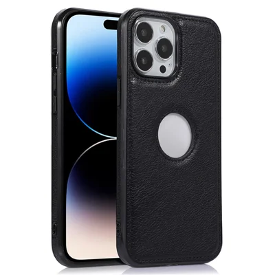 Soft TPU+PU Phone Case for iPhone 14 Pro Max Shockproof Slim Case Logo View Phone Cover - Black