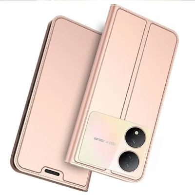 Für vivo Y100 5G Slim-Fit Handyhülle mit Kartenfach, PU-Leder-Schale, Fallschutz, Ständer - Roségold