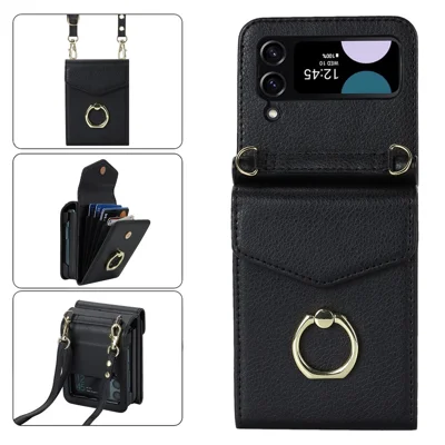 For Samsung Galaxy Z Flip4 5G RFID Blocking Phone Case Multiple Card Slots Ring Kickstand Leather+PC Cover - Black
