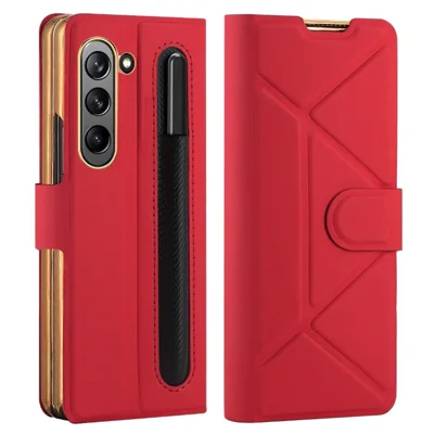 For Samsung Galaxy Z Fold5 5G Shockproof Phone Case Pen Slot PU+PC Stand Cover with Tempered Glass Film - Red