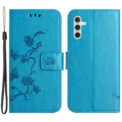 For Samsung Galaxy A25 5G (Global) (161.0 x 76.5 x 8.3mm) PU Leather Butterfly Flower Imprinted Wallet Phone Case Stand - Blue