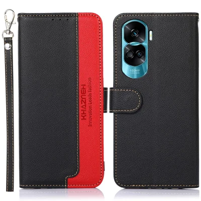 KHAZNEH For Honor 90 Lite 5G / X50i Litchi Texture Cell Phone Stand PU Leather Case Wallet RFID Blocking Phone Cover - Black