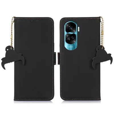 For Honor 90 Lite 5G / X50i RFID Blocking Wallet Phone Case Silky Feeling Genuine Cow Leather Stand Cover - Black
