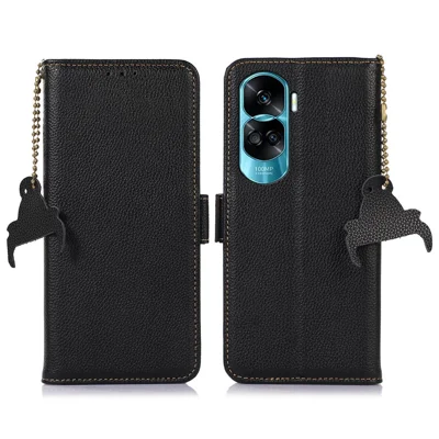 For Honor 90 Lite 5G / X50i RFID Blocking Phone Case Stand Wallet Genuine Cow Leather Litchi Texture Cover - Black