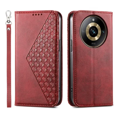 Leather Phone Case for Realme 11 Pro 5G Anti-fall Imprinted Rhombus Pattern Wallet Stand Cover - Red