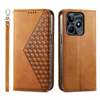 Voor Realme C53 (Global) / C53 (India) / C51 Leren Telefoonhoesje met Geplooide Ruitpatroon Portemonnee Stand Stootvaste Cover - Geel