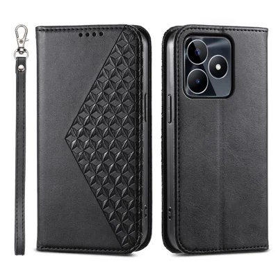 Étui en cuir pour Realme C53 (Global) / C53 (Inde) / C51, motif imprimé de losange, portefeuille avec support, coque anti-choc - Noir