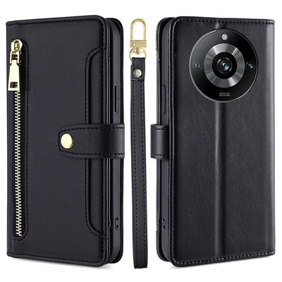 For Realme 11 Pro+ 5G / 11 Pro 5G Zipper Pocket Phone Case Multiple Card Slots Leather Cover with Straps - Black