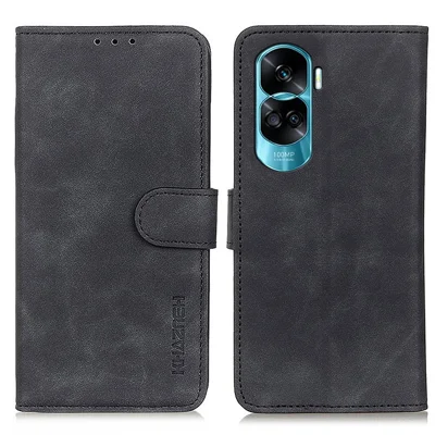 KHAZNEH für Honor X50i 5G / 90 Lite 5G Retro-Textur-Leder-Flip-Folio-Case Ständer-Mappen-Schutzhülle - Schwarz