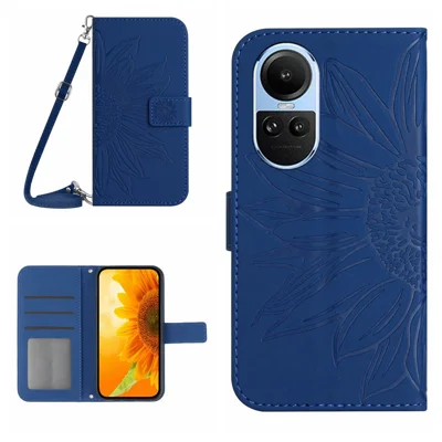 HT04 For Oppo Reno10 Pro 5G (Global) / Reno10 5G (Global) Wallet Stand Leather Phone Case Sunflower Imprint Cover with Shoulder Strap - Sapphire