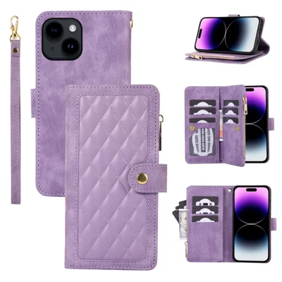 Für iPhone 15 Plus Splicing Style PU-Lederhülle mit Reißverschlusstasche, Rhombus-Handyhülle mit mehreren Kartenfächern - Lila
