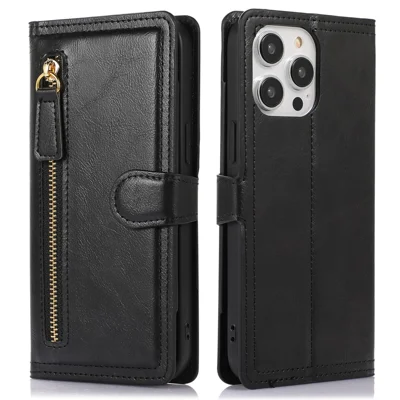 Für iPhone 15 Pro Max Brieftasche Sturzsichere PU-Lederhülle mit Reißverschlusstasche, Ständerhalterung - Schwarz