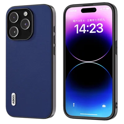 ABEEL Für iPhone 14 Pro Max Stoßfeste Hülle Strukturiertes PU-Leder beschichteter TPU-Rückdeckel - Dunkelblau