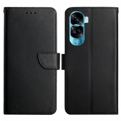 HT02 For Honor 90 Lite 5G / X50i 5G Wallet Phone Case Genuine Cow Leather Stand Phone Cover - Black