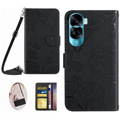 HT03 For Honor 90 Lite 5G / X50i 5G Wallet Phone Case Imprinted PU Leather Stand Cover with Shoulder Strap - Black