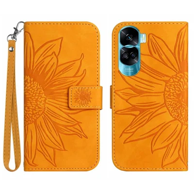 HT04 Wallet Stand Case for Honor 90 Lite 5G / X50i 5G , Sunflower Pattern Leather Phone Cover with Hand Strap - Yellow
